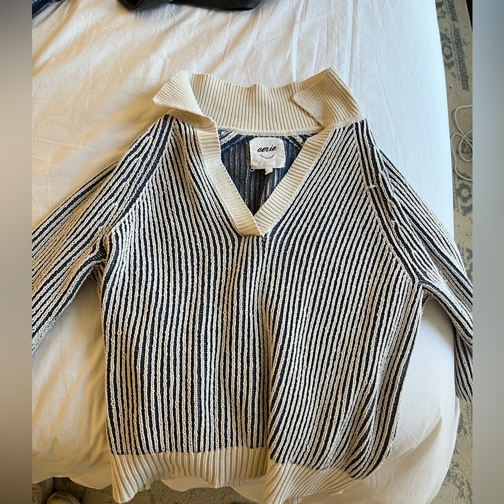 AERIE blue and white striped chenille sweater